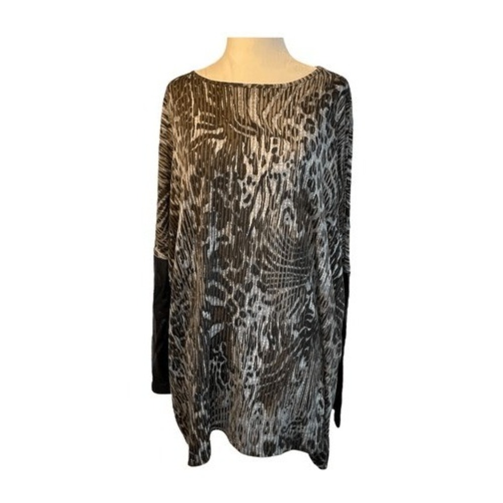 Clara Sun Woo Animal Print Top Black Brown White Knit Faux Leather Long Sleeves